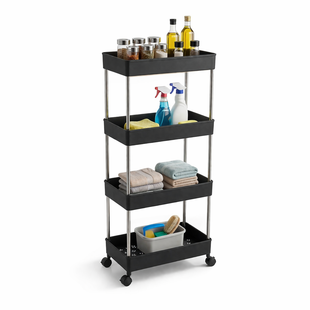 4-Layer Multi-Purpose Movable Storage Rack Trolley with Wheels – Heavy Duty Plastic Organizer for Kitchen, Bathroom, Laundry & Office