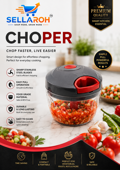 SELLAROH Premium Manual Pull Chopper – Heavy Duty Vegetable & Fruit Chopper with Stainless Steel Blades | BPA-Free Food Processor for Onion, Garlic, Tomato, Chili, Nuts & Herbs