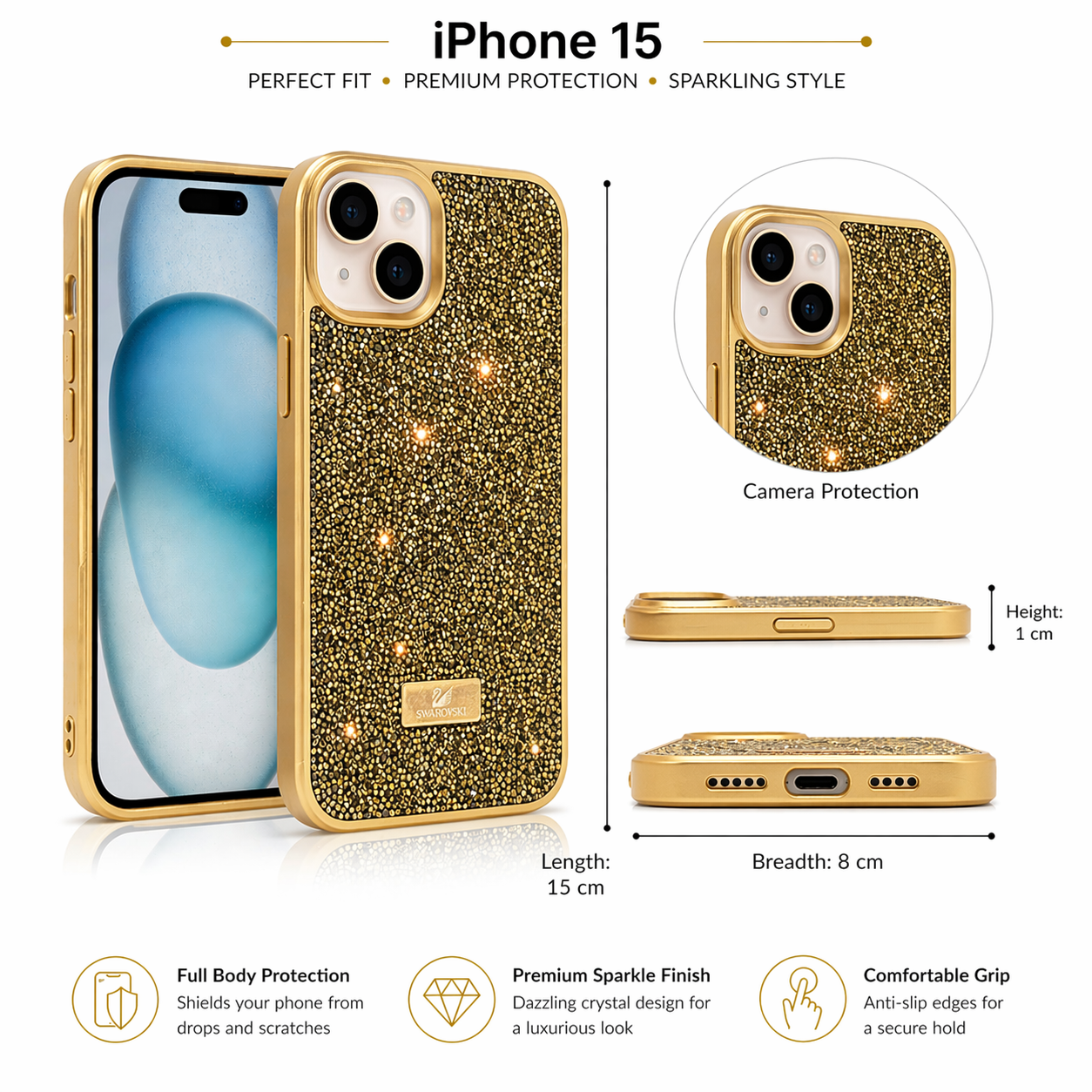 iPhone 15 Luxury Glitter Crystal Back Cover – Shockproof Slim Protective Case with Camera Protection & Premium Sparkle Finish