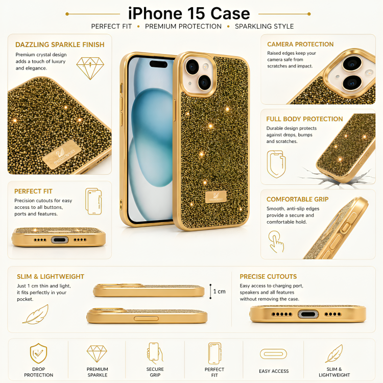 iPhone 15 Luxury Glitter Crystal Back Cover – Shockproof Slim Protective Case with Camera Protection & Premium Sparkle Finish