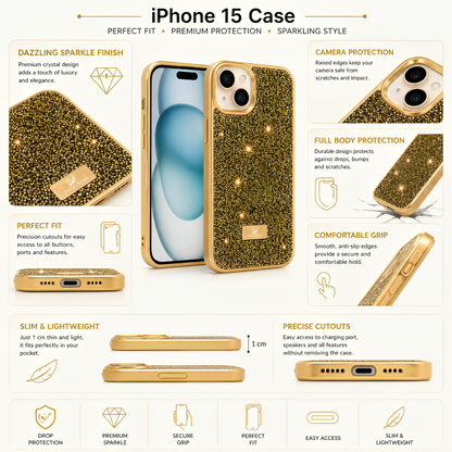 iPhone 15 Luxury Glitter Crystal Back Cover – Shockproof Slim Protective Case with Camera Protection & Premium Sparkle Finish