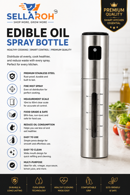 SELLAROH Premium Stainless Steel Oil Spray Bottle (100ml) – Refillable Fine Mist Olive Oil Sprayer for Air Fryer, BBQ, Salad, Baking & Healthy Cooking