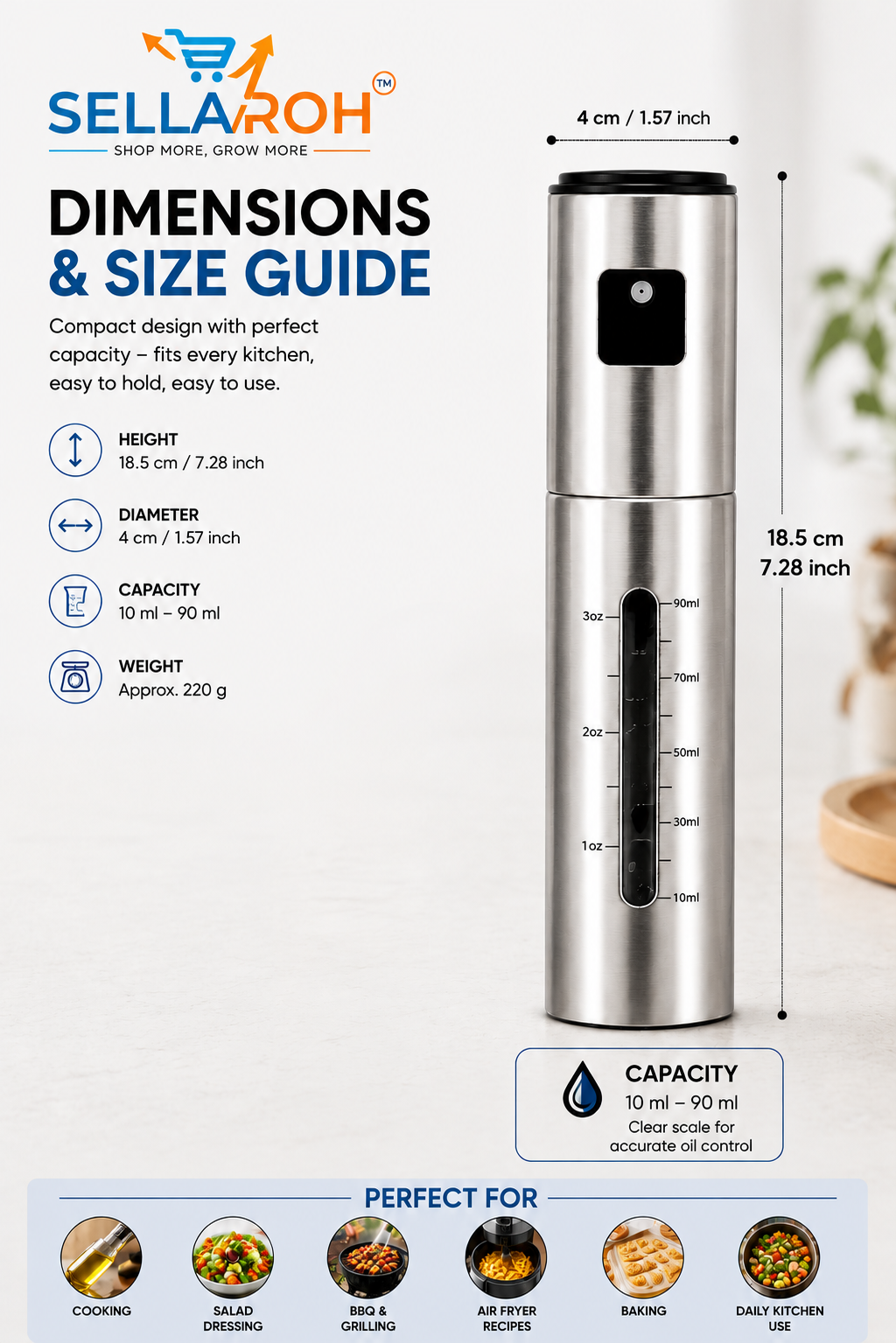 SELLAROH Premium Stainless Steel Oil Spray Bottle (100ml) – Refillable Fine Mist Olive Oil Sprayer for Air Fryer, BBQ, Salad, Baking & Healthy Cooking