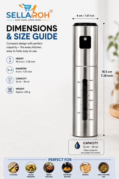 SELLAROH Premium Stainless Steel Oil Spray Bottle (100ml) – Refillable Fine Mist Olive Oil Sprayer for Air Fryer, BBQ, Salad, Baking & Healthy Cooking