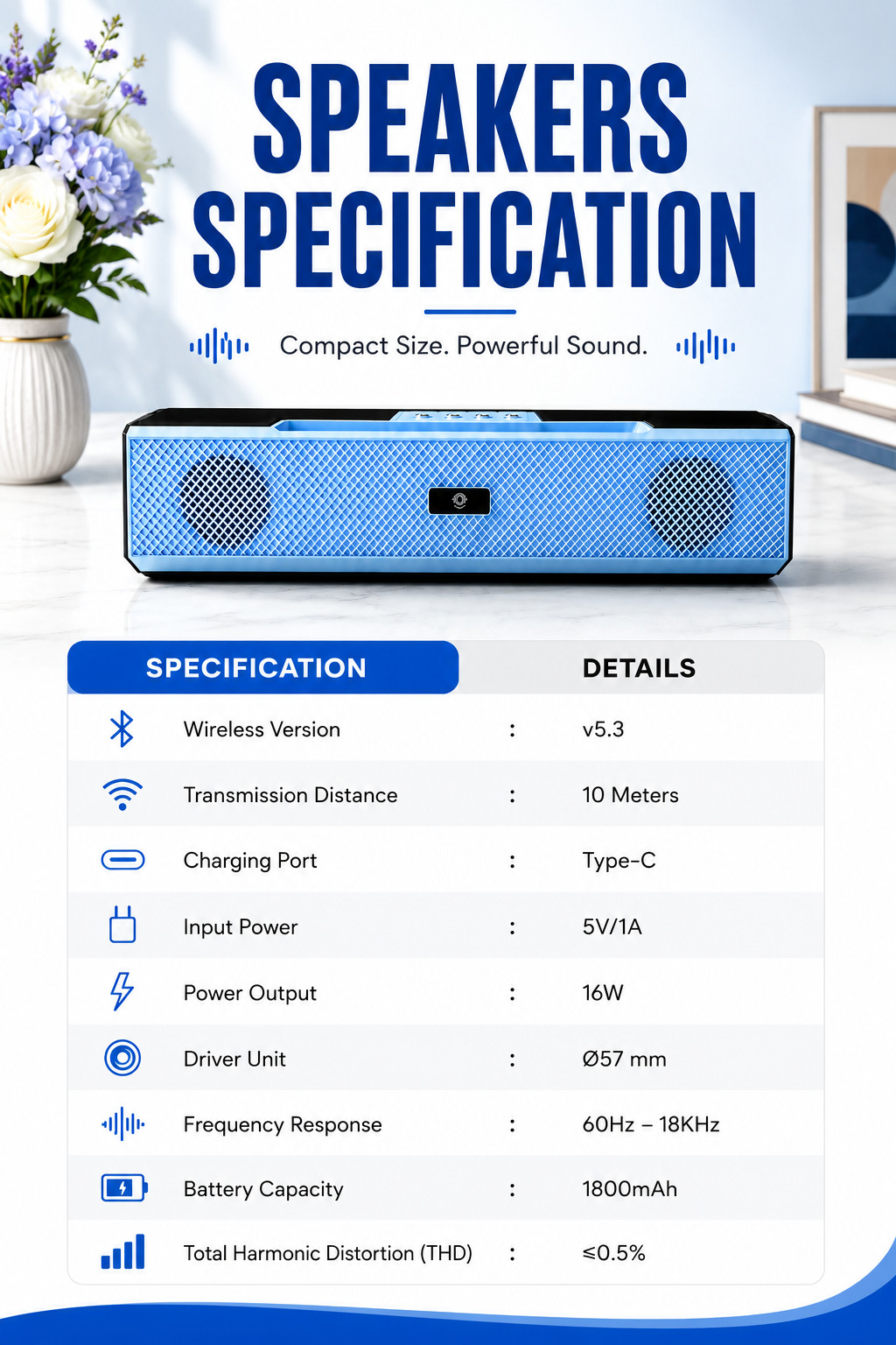 16W Portable Wireless Bar Bluetooth Speaker SS-BT1200S (v5.3, 1800mAh Battery & Type-C Fast Charging)