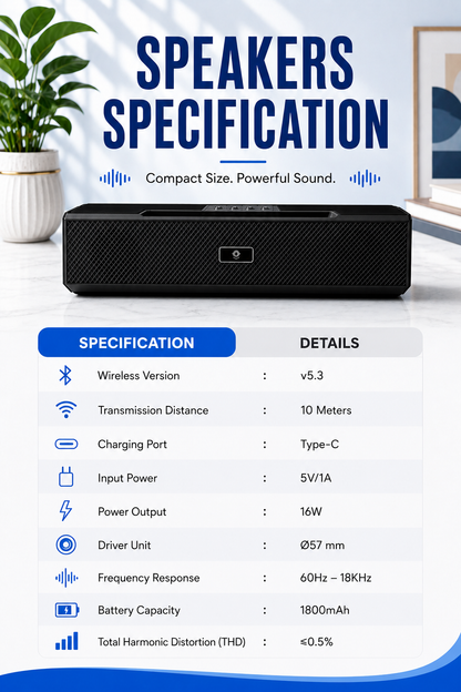 Sellaroh™ 16W High-Bass Wireless Soundbar SS-BT1200BLACK – Ultra-Clear Audio, v5.3 Bluetooth & 1800mAh Fast-Charge Battery