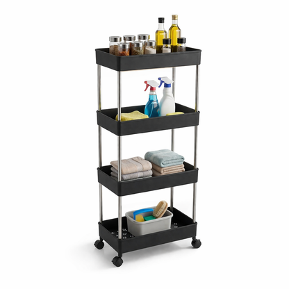 4-Layer Multi-Purpose Movable Storage Rack Trolley with Wheels – Heavy Duty Plastic Organizer for Kitchen, Bathroom, Laundry & Office