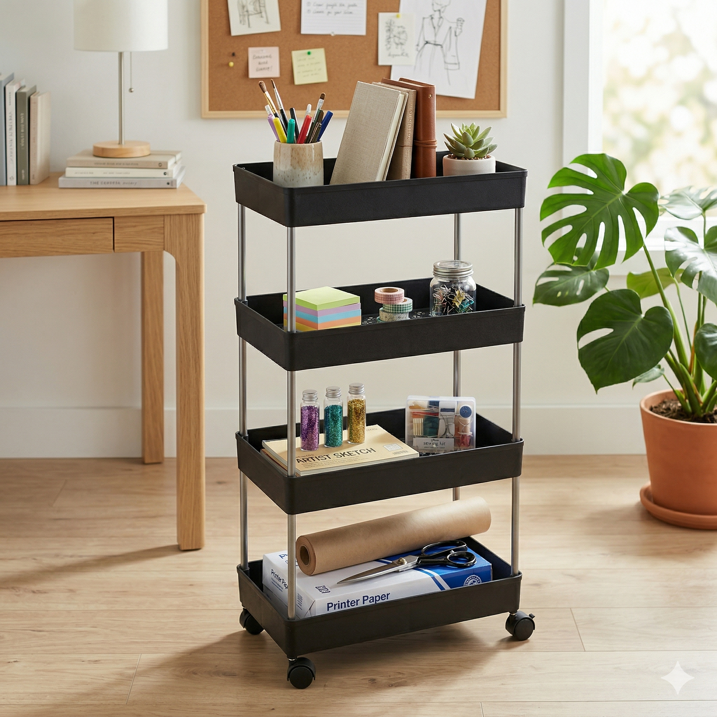 4-Layer Multi-Purpose Movable Storage Rack Trolley with Wheels – Heavy Duty Plastic Organizer for Kitchen, Bathroom, Laundry & Office