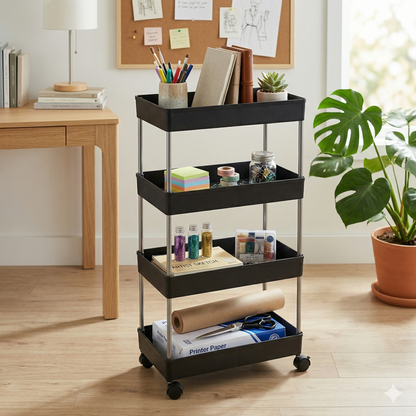 4-Layer Multi-Purpose Movable Storage Rack Trolley with Wheels – Heavy Duty Plastic Organizer for Kitchen, Bathroom, Laundry & Office