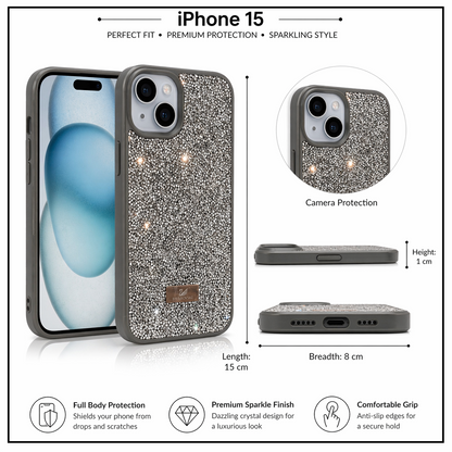 iPhone 15 Luxury Glitter Crystal Back Cover – Shockproof Slim Protective Case with Camera Protection &amp; Premium Sparkle Finish
